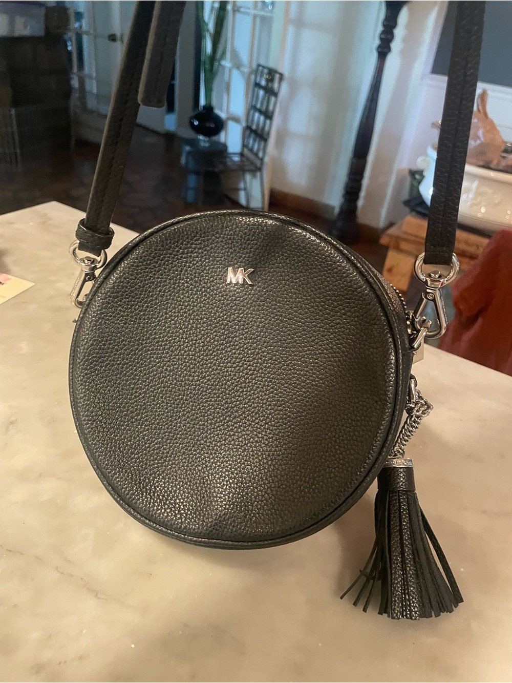 Michael Kors Black Pebbled Leather Round Crossbody with Tassel
